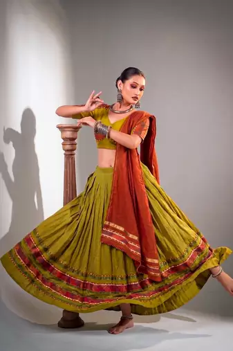 Women Olive Green Dhabu Cotton Free Size Flared Lehenga Choli with Red Dupatta Set