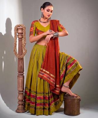 Women Olive Green Dhabu Cotton Free Size Flared Lehenga Choli with Red Dupatta Set 5