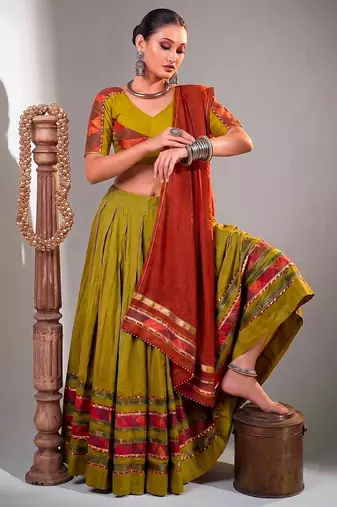Women Olive Green Dhabu Cotton Free Size Flared Lehenga Choli with Red Dupatta Set