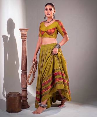 Women Olive Green Dhabu Cotton Free Size Flared Lehenga Choli with Red Dupatta Set 6