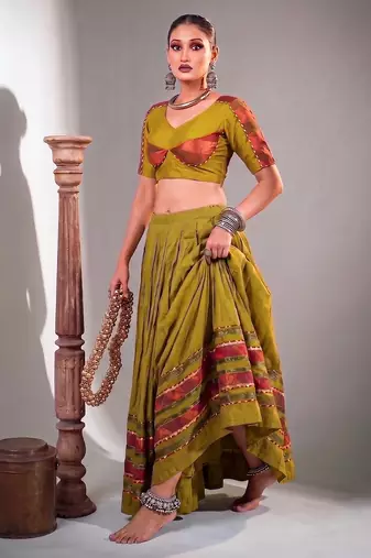 Women Olive Green Dhabu Cotton Free Size Flared Lehenga Choli with Red Dupatta Set