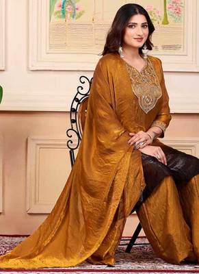 Gold party wear embroidery silk blend kurta with plazzo and dupatta 1