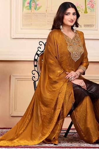 Gold party wear embroidery silk blend kurta with plazzo and dupatta