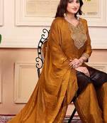 Gold party wear embroidery silk blend kurta with plazzo and dupatta