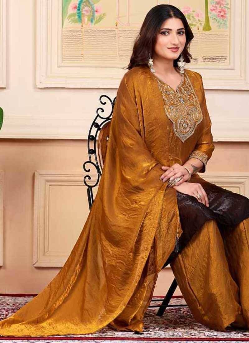 Gold party wear embroidery silk blend kurta with plazzo and dupatta