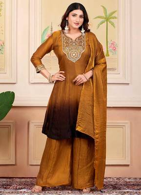 Gold party wear embroidery silk blend kurta with plazzo and dupatta 2