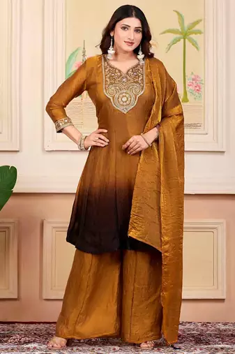 Gold party wear embroidery silk blend kurta with plazzo and dupatta