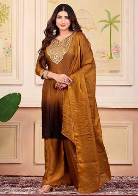 Gold party wear embroidery silk blend kurta with plazzo and dupatta 3