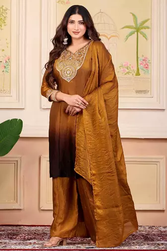 Gold party wear embroidery silk blend kurta with plazzo and dupatta