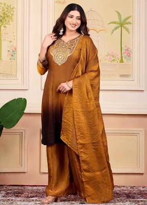 Gold party wear embroidery silk blend kurta with plazzo and dupatta 4