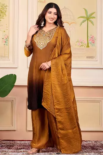 Gold party wear embroidery silk blend kurta with plazzo and dupatta
