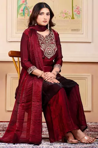 Maroon party wear embroidery silk blend kurta with plazzo and dupatta