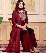 Maroon party wear embroidery silk blend kurta with plazzo and dupatta