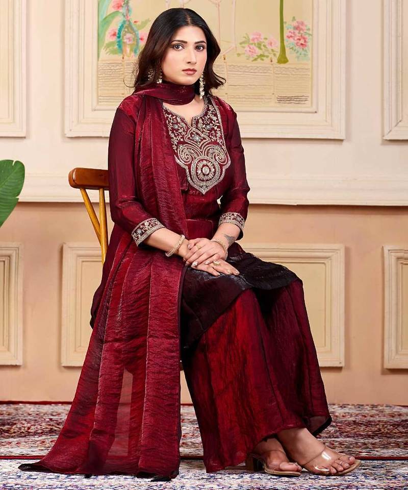 Maroon party wear embroidery silk blend kurta with plazzo and dupatta