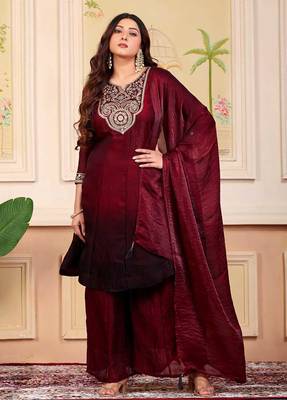 Maroon party wear embroidery silk blend kurta with plazzo and dupatta 2