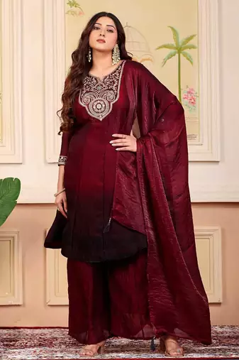 Maroon party wear embroidery silk blend kurta with plazzo and dupatta