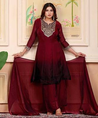 Maroon party wear embroidery silk blend kurta with plazzo and dupatta 3