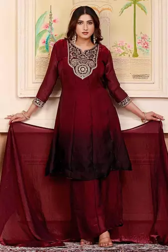 Maroon party wear embroidery silk blend kurta with plazzo and dupatta