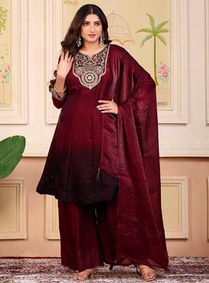Maroon party wear embroidery silk blend kurta with plazzo and dupatta 4