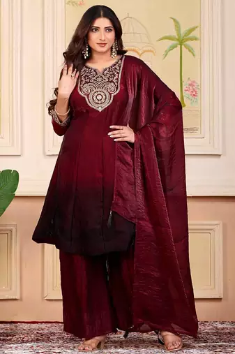 Maroon party wear embroidery silk blend kurta with plazzo and dupatta
