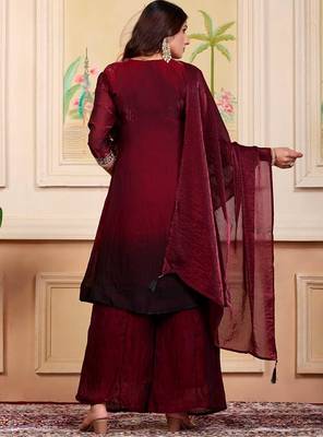 Maroon party wear embroidery silk blend kurta with plazzo and dupatta 5
