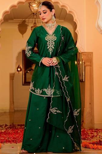 Green party wear embroidery silk blend kurta with plazzo and dupatta
