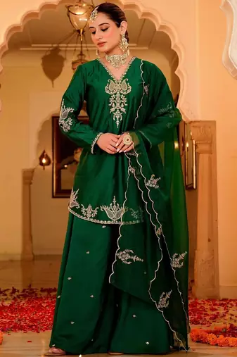 Green party wear embroidery silk blend kurta with plazzo and dupatta