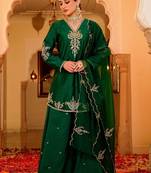 Green party wear embroidery silk blend kurta with plazzo and dupatta