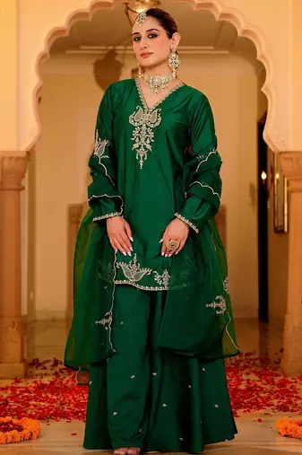 Green party wear embroidery silk blend kurta with plazzo and dupatta