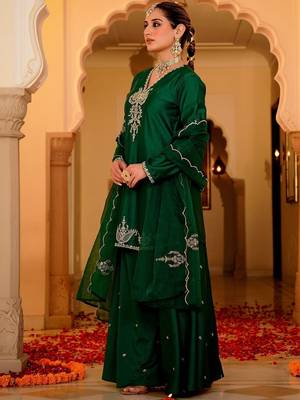 Green party wear embroidery silk blend kurta with plazzo and dupatta 3
