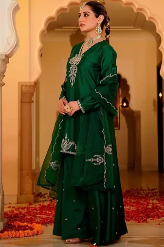 Green party wear embroidery silk blend kurta with plazzo and dupatta