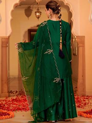 Green party wear embroidery silk blend kurta with plazzo and dupatta 4