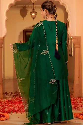 Green party wear embroidery silk blend kurta with plazzo and dupatta