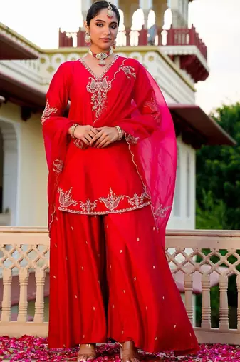 Red party wear embroidery silk blend kurta with plazzo and dupatta