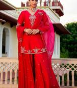 Red party wear embroidery silk blend kurta with plazzo and dupatta
