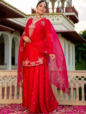 Red party wear embroidery silk blend kurta with plazzo and dupatta 2