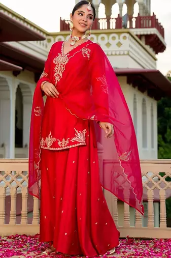 Red party wear embroidery silk blend kurta with plazzo and dupatta
