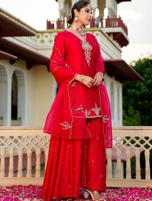 Red party wear embroidery silk blend kurta with plazzo and dupatta 3