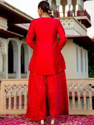 Red party wear embroidery silk blend kurta with plazzo and dupatta 4