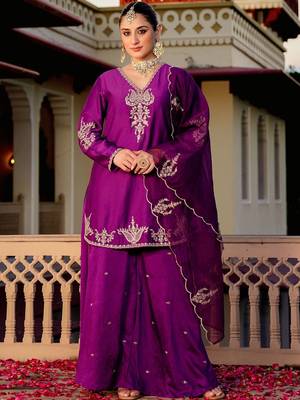 Wine party wear embroidery silk blend kurta with plazzo and dupatta 1