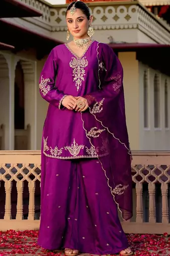 Wine party wear embroidery silk blend kurta with plazzo and dupatta