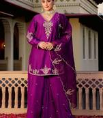 Wine party wear embroidery silk blend kurta with plazzo and dupatta