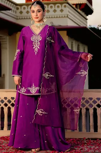 Wine party wear embroidery silk blend kurta with plazzo and dupatta