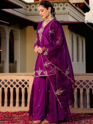 Wine party wear embroidery silk blend kurta with plazzo and dupatta 3