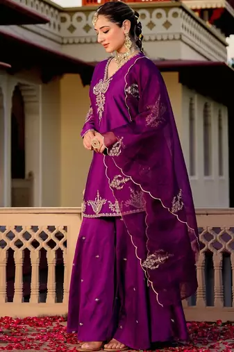 Wine party wear embroidery silk blend kurta with plazzo and dupatta