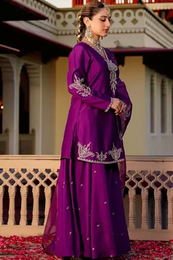 Wine party wear embroidery silk blend kurta with plazzo and dupatta