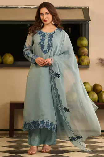 Grey party wear embroidery silk blend kurta with pant and dupatta