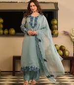 Grey party wear embroidery silk blend kurta with pant and dupatta