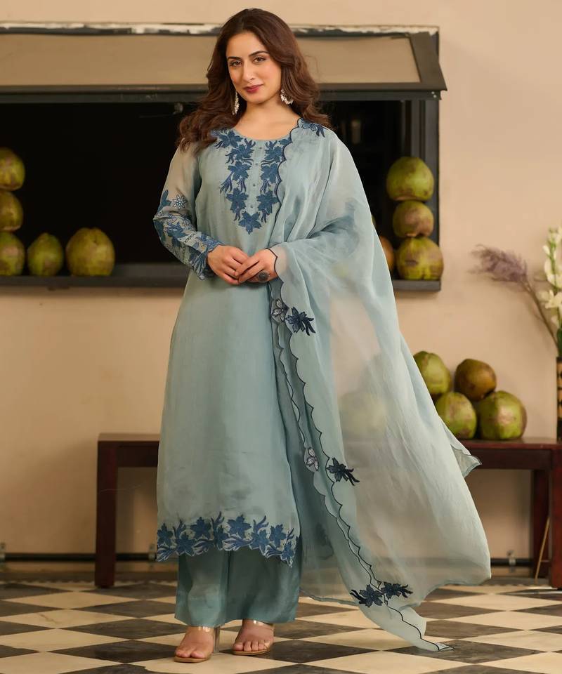 Grey party wear embroidery silk blend kurta with pant and dupatta