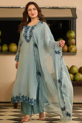 Grey party wear embroidery silk blend kurta with pant and dupatta